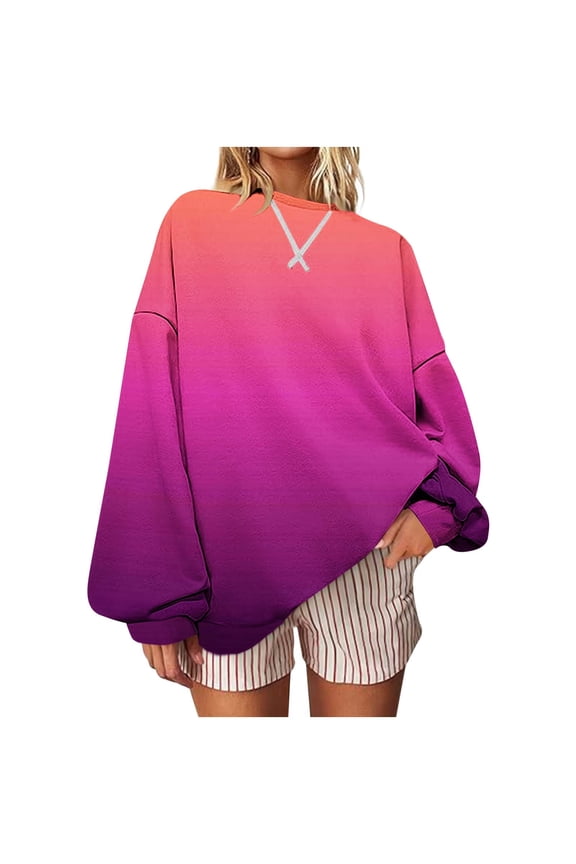 Womens Gradient Color Sweatshirt Long Sleeve Round Neck Pullovers Casual Loose Fall Tunic Tops Oversized Shirt Orange XL