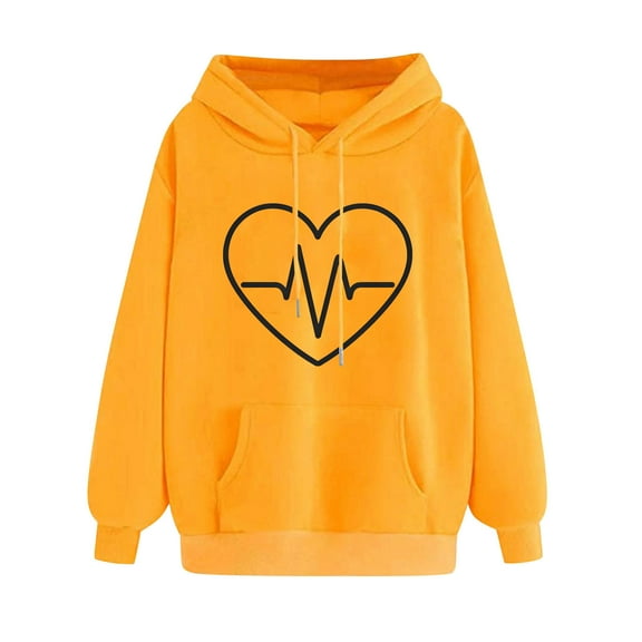 YUGYXL Womens Heart Graphic Hoodie Drop Shoulders Long Sleeve Cute Hoodies Drawstring Daily Sweatshirts Yellow L