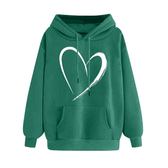 YUGYXL Womens Heart Print Sweatshirts Classic Fit Long Sleeve Hoodies Fashion Drawstring Comfy Hooded with Front Pocket Green L