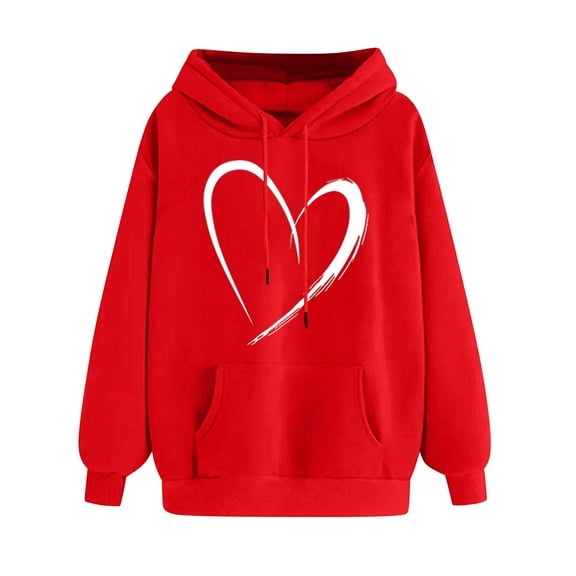 YUGYXL Womens Heart Print Sweatshirts Classic Fit Long Sleeve Hoodies Fashion Drawstring Comfy Hooded with Front Pocket Red S