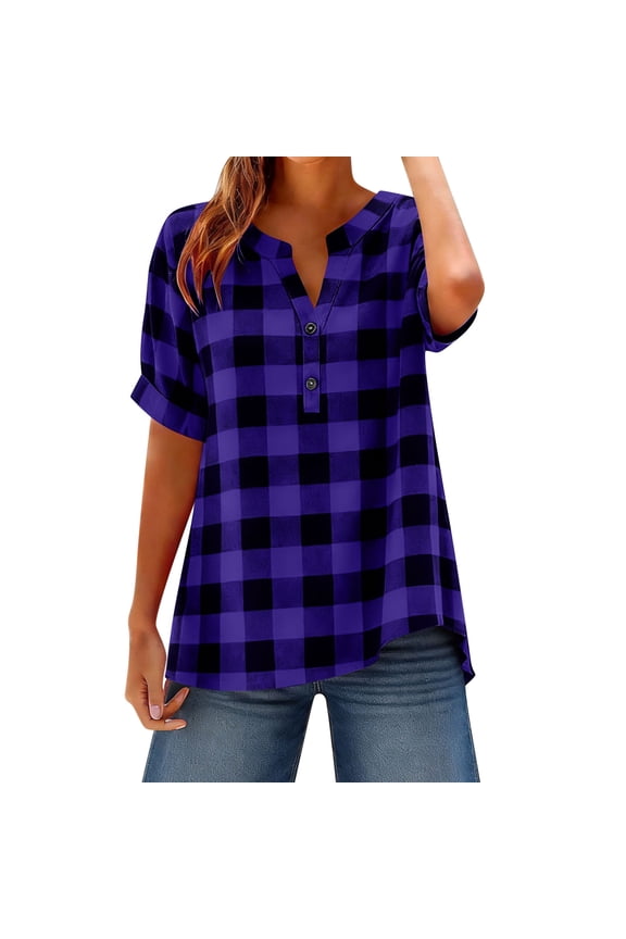 Womens Henley V Neck Casual Blouse Button Down T Shirts Flare and Flowy Tops Purple Top M