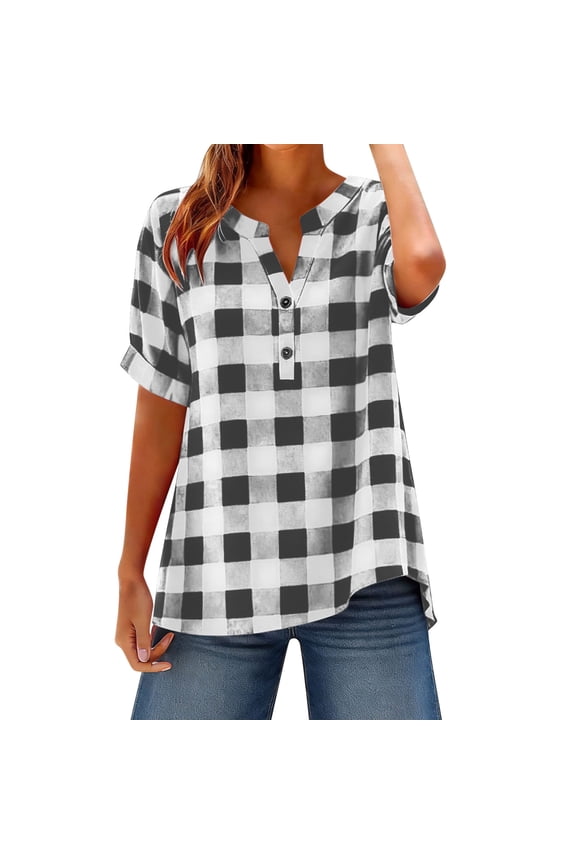 Womens Henley V Neck Casual Blouse Button Down T Shirts Flare and Flowy Tops White Top M