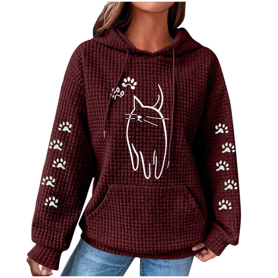 YUGYXL Womens Hoodies Cute Cat Print Pullover Sweaters With Pockets Oversized Casual Sweatshirts Fall Long Sleeve Outfits Wine Hoodie L