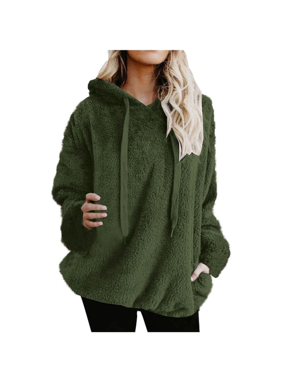Womens Hoodies Fuzzy Hooded Sweatshirts Zipper Fleece Hoodie Pullover Sherpa Sweater Fluffy Clothes Green XXXL