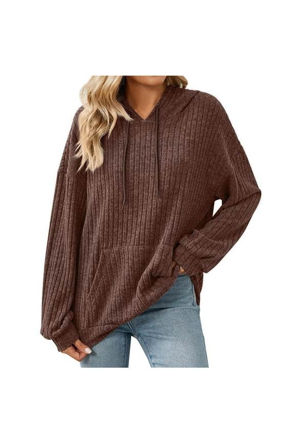 Womens Hoodies Solid Color Hooded Sweatshirt Fall Clothes Casual Long Sleeve Knitted Pullover with Pockets Brown XXL