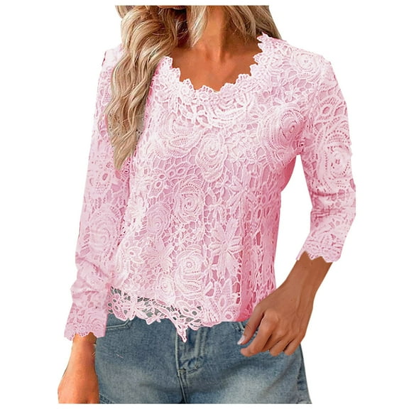YUGYXL Womens Lace Long Sleeve Blouse Plus Size Loose Lightweight Clothes Elegant Basic Fit Vacation Tops Pink XXXXL