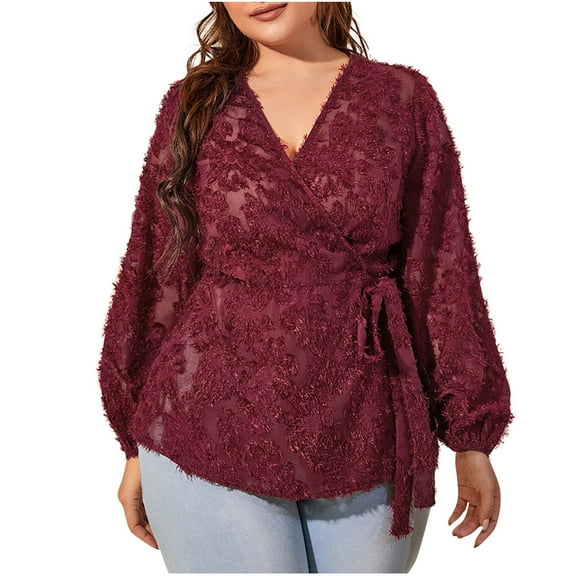 YUGYXL Womens Lace Tops Long Sleeve V Neck T Shirts Tie Waist Business Casual Tops Loose Fit Tees Blouses Oversized Shirts Wine XL