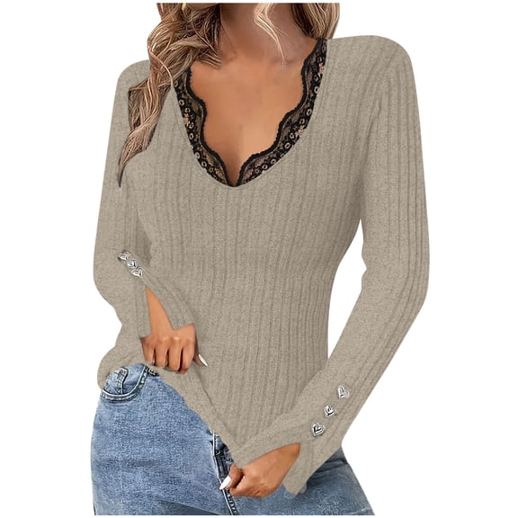 YUGYXL Womens Lace Trim V Neck Tops Slim Fit Long Sleeve Shirts Ribbed Knit Tight Tees Cute Casual Undershirt Blouse Coffee M