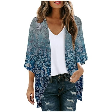 YUGYXL Womens Lightweight Chiffon Kimono Cardigan Casual 3/4 Sleeve Floral Graphic Capes Summer Hawaii Beach Cover Ups Swing Loose Boho Open Front Outwear
