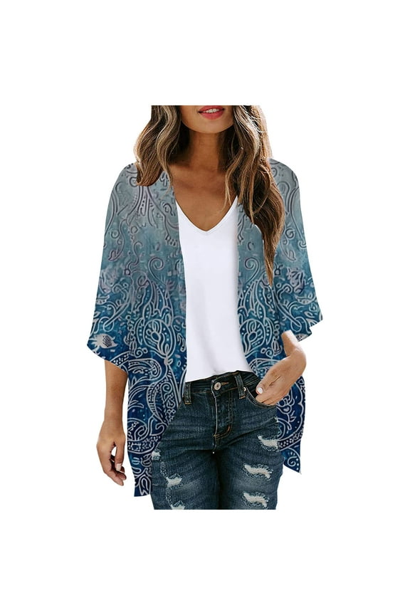 Womens Lightweight Chiffon Kimono Cardigan Casual 3/4 Sleeve Floral Graphic Capes Summer Hawaii Beach Cover Ups Swing Loose Boho Open Front Outwear
