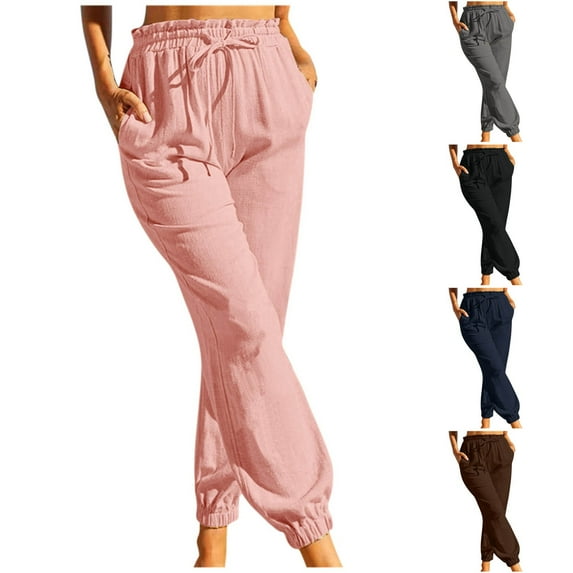 YUGYXL Womens Linen Joggers Pants Summer High Stretch Waist Long Pants Dressy Cozy Tapered Pants with Pockets Black L