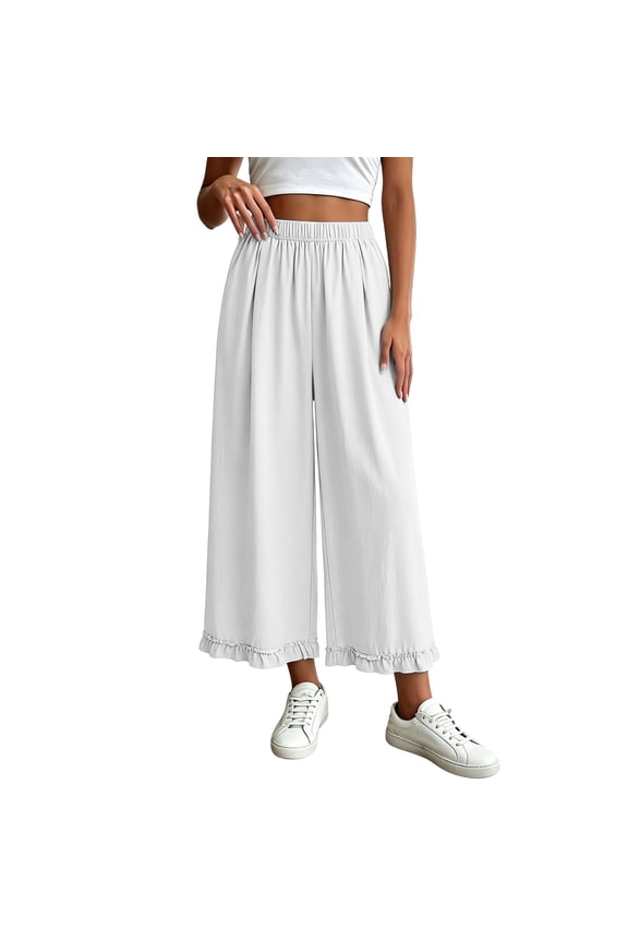 Womens Linen Palazzo Pants Ruffle Wide Leg Cropped Flowy Drawstring Casual Loose Summer Beach with Pockets White Pants L