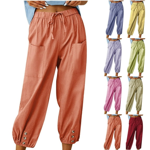 YUGYXL Womens Linen Tapered Pants Drawstring Stretch Waist Trousers Teen Girl Y2K Long Pants Fashion Casual Pants Beige M