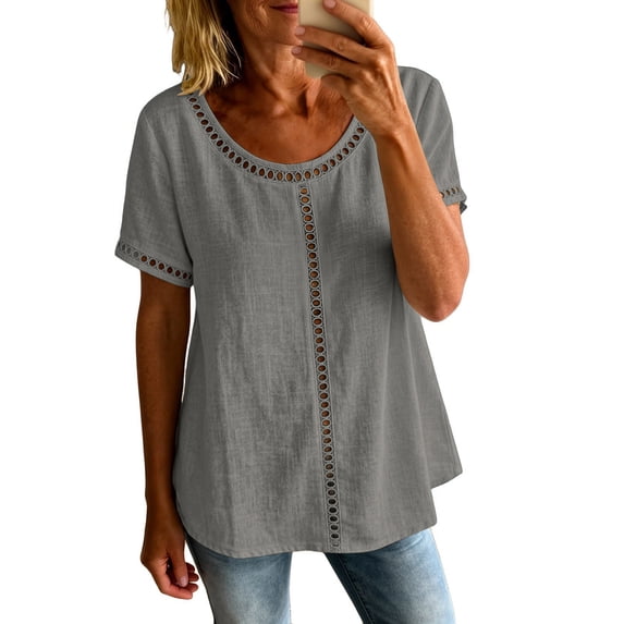 YUGYXL Womens Linen Tops Casual Short Sleele Crew Neck Tunic Blouses Cotton Breathable Summer Beach T Shirts Gray Tops S