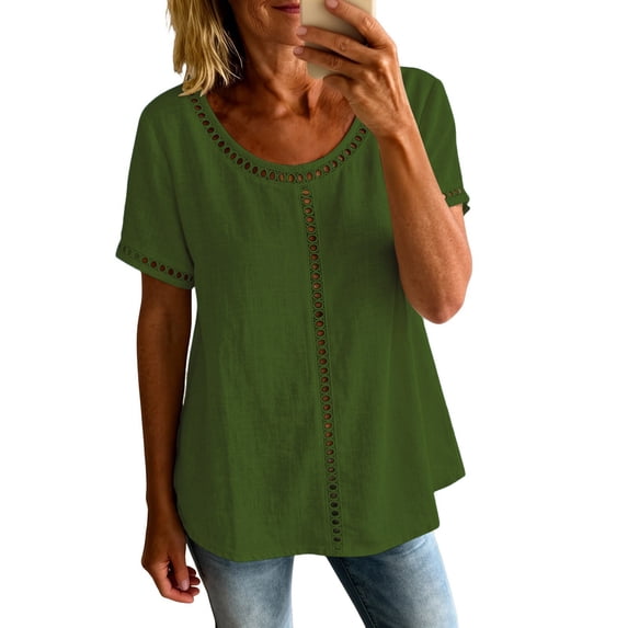 YUGYXL Womens Linen Tops Casual Short Sleele Crew Neck Tunic Blouses Cotton Breathable Summer Beach T Shirts Green Tops S