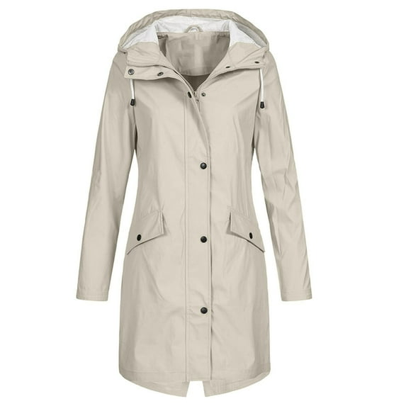 YUGYXL Womens Long Hooded Windbreaker Waterproof Outdoor Active Rain Jacket Medium-Weight Slim Fit Outerwear Drawstring Windproof Cycling Mountain Softshell Gift for Mom Beige,S