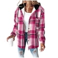 thumbnail image 1 of YUGYXL Womens Long Sleeve Button Down Plaid Shirts Flannel Hooded Shacket Jacket Hoodie Coats Hot Pink L, 1 of 6
