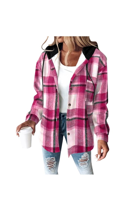 Womens Long Sleeve Button Down Plaid Shirts Flannel Hooded Shacket Jacket Hoodie Coats Hot Pink XL