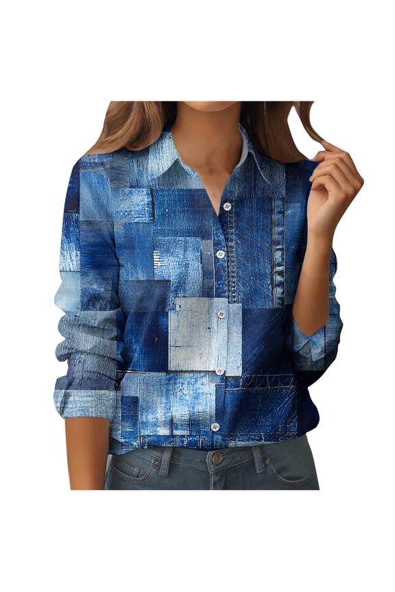 Womens Long Sleeve Button Down Shirts Collared Business Work Tops Dressy Casual Floral Printed Blouses Office Shirt B Blue M