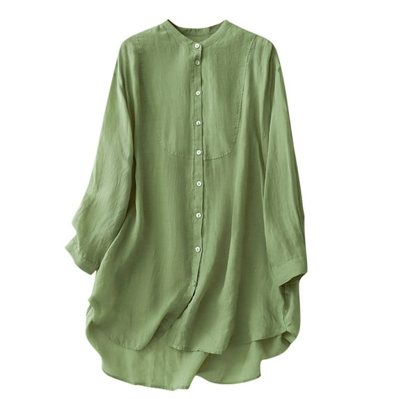 YUGYXL Womens Long Sleeve Cotton Shirt Fall Plus Size Button Down Blouse with Pockets Beach Coverup Loose Top Green L