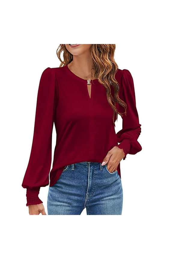 Womens Long Sleeve Dressy Casual Top V Neck Puff Sleeve Shirt Keyhole Blouse Holiday Clothes Wine XL