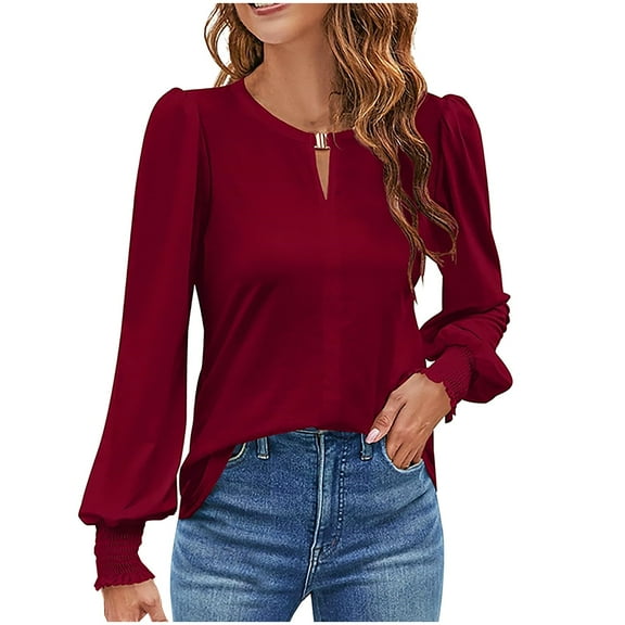 YUGYXL Womens Long Sleeve Dressy Casual Top V Neck Puff Sleeve Shirt Keyhole Blouse Holiday Clothes Wine XXL