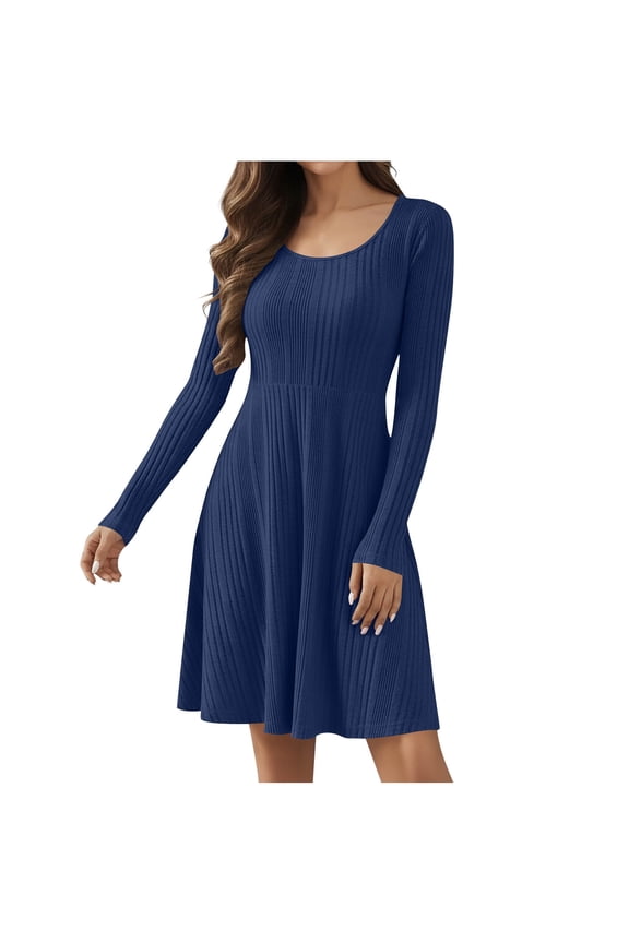 Womens Long Sleeve Mini Dress Flowy Crew Neck Lightweight Travel Vacation Dresses Soft Comfy Swing Dress Navy L