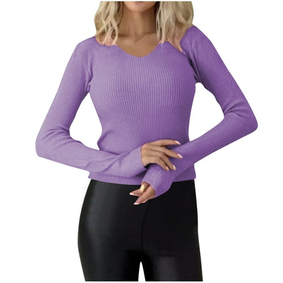 YUGYXL Womens Long Sleeve Ribbed Knit Shirts Casual V Neck Slim Fit Cropped Top Fall Trendy Pullover Sweaters Purple M