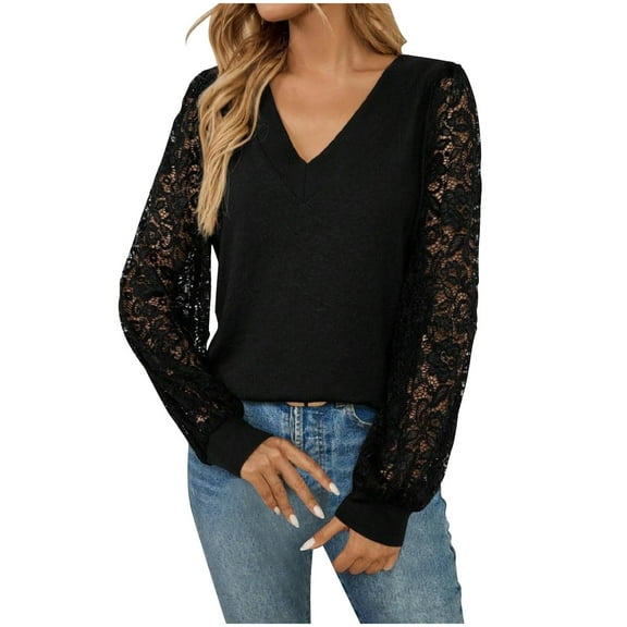 YUGYXL Womens Long Sleeve Shirts V-Neck Lace Tops Business Casual Blouses Tee Trendy Fall Fashion Outfits Clothes Black L