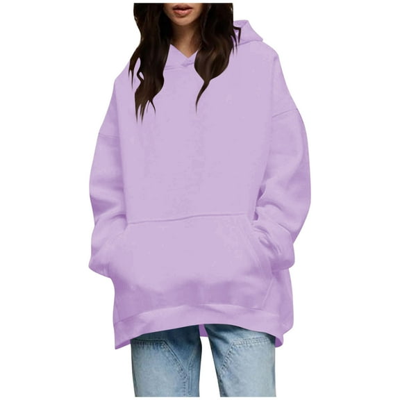 YUGYXL Womens Long Sleeve Sweatshirts Ladies Loose Comfy Hoodies Classic Solid Color Hooded Clothes Daily Tops Purple S