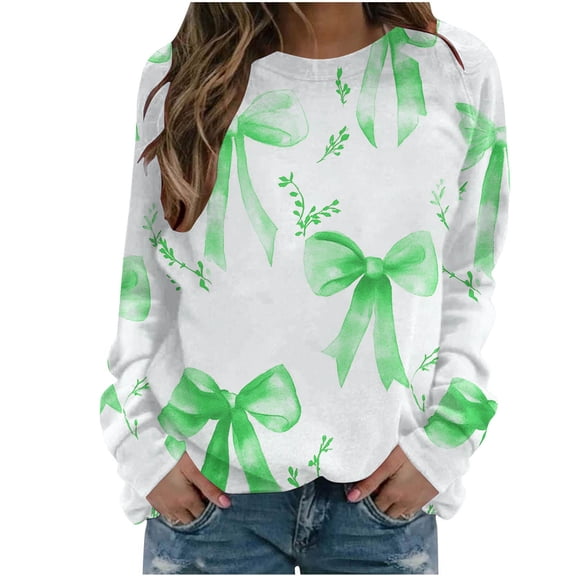 YUGYXL Womens Long Sleeve Tops Plus Size Y2k Cute Print Sweatshirts Fall Pullover Crewneck Vintage Shirts Tops Green S