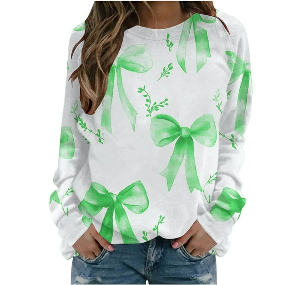 YUGYXL Womens Long Sleeve Tops Plus Size Y2k Cute Print Sweatshirts Fall Pullover Crewneck Vintage Shirts Tops Green XXL