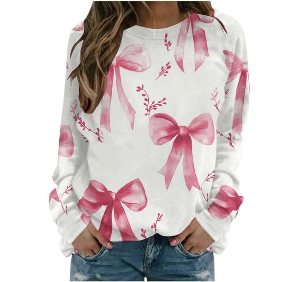 YUGYXL Womens Long Sleeve Tops Plus Size Y2k Cute Print Sweatshirts Fall Pullover Crewneck Vintage Shirts Tops Pink XXXXXL