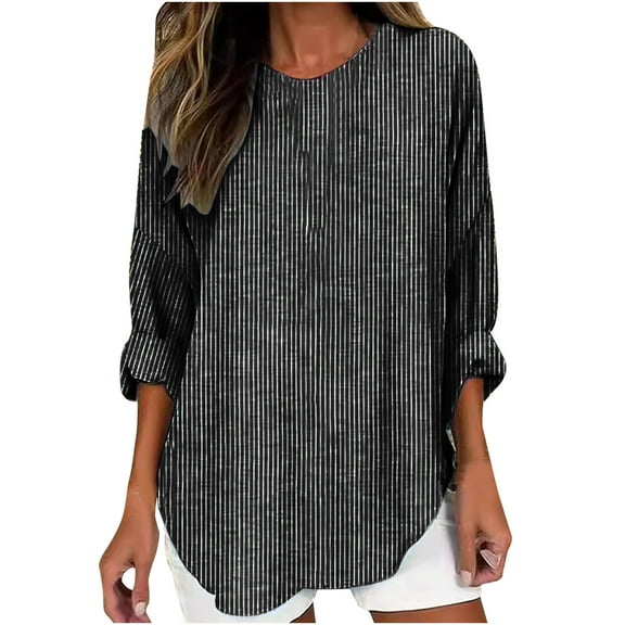 YUGYXL Womens Long Sleeve Tops Striped Color Block Blouse Casual Round Neck Shirts Loose Tees Fall Beach Vacation Top Black S