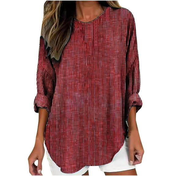 YUGYXL Womens Long Sleeve Tops Striped Color Block Blouse Casual Round Neck Shirts Loose Tees Fall Beach Vacation Top Wine XL