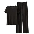 thumbnail image 1 of YUGYXL Womens Lounge Sets 2 Piece Outfits Short Sleeve V Neck Summer Top Elastic Waist Wide Leg Pants Tracksuit Outfits Black L, 1 of 3
