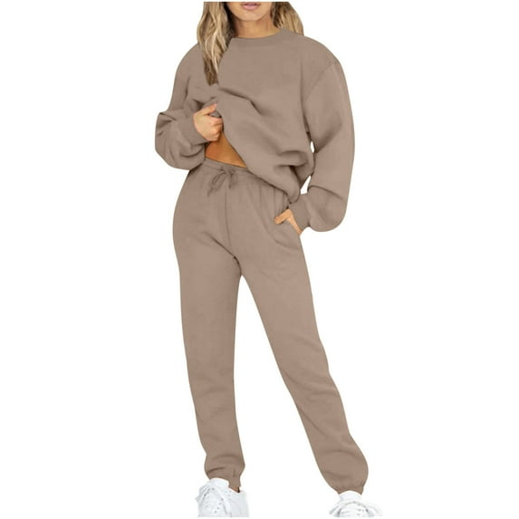 YUGYXL Womens Loungewear Set Plus Size Sweatsuits Crewneck Long Sleeve Sweatshirt Baggy Sweatpants Outfits 2 Piece Sets Khaki S