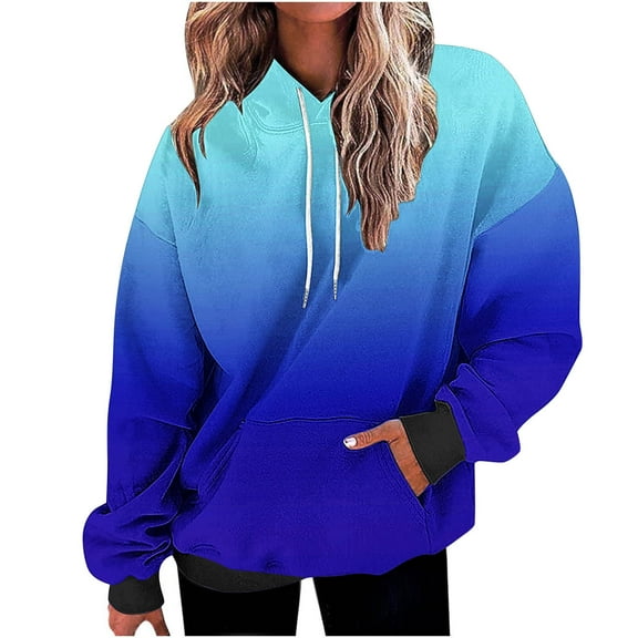 YUGYXL Womens Neon Print Oversized Sweatshirt Drawstring Pullover Sweatshirt Trendy Gradient Color Tops Fall Fashion Clothes Blue XL