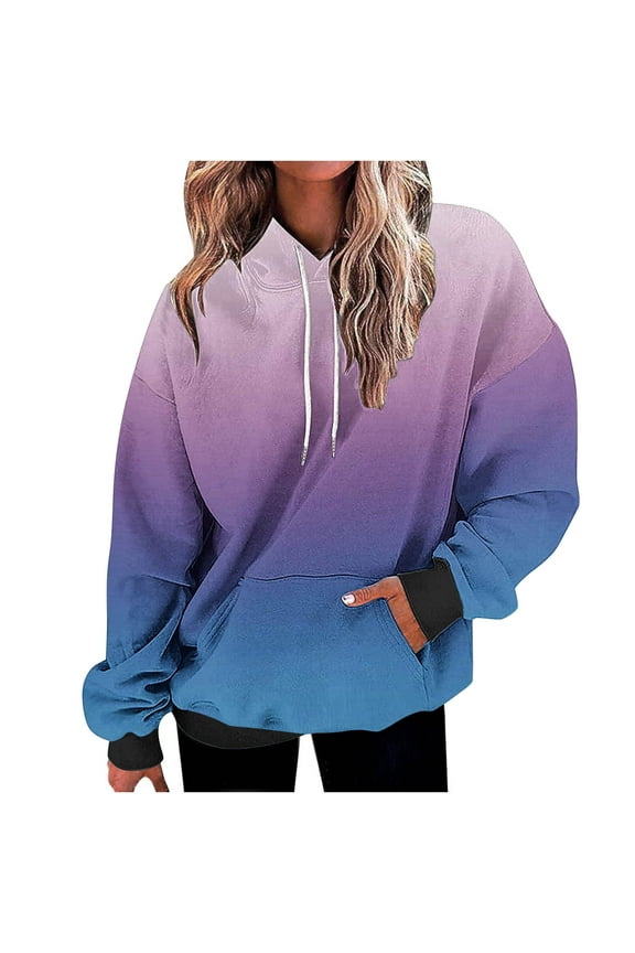 Womens Neon Print Oversized Sweatshirt Drawstring Pullover Sweatshirt Trendy Gradient Color Tops Fall Fashion Clothes Light Blue S
