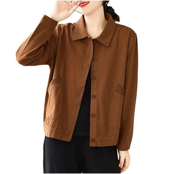 YUGYXL Womens Oversized Denim Shirt Jacket Button Down Long Sleeve Fall Casual Jean Jackets Coffee XL