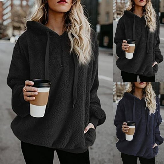 YUGYXL Womens Oversized Sherpa Pullover Hoodie with Pockets Fuzzy Fleece Sweatshirt Half Zip Plaid Fluffy Jacket Coat Navy,L