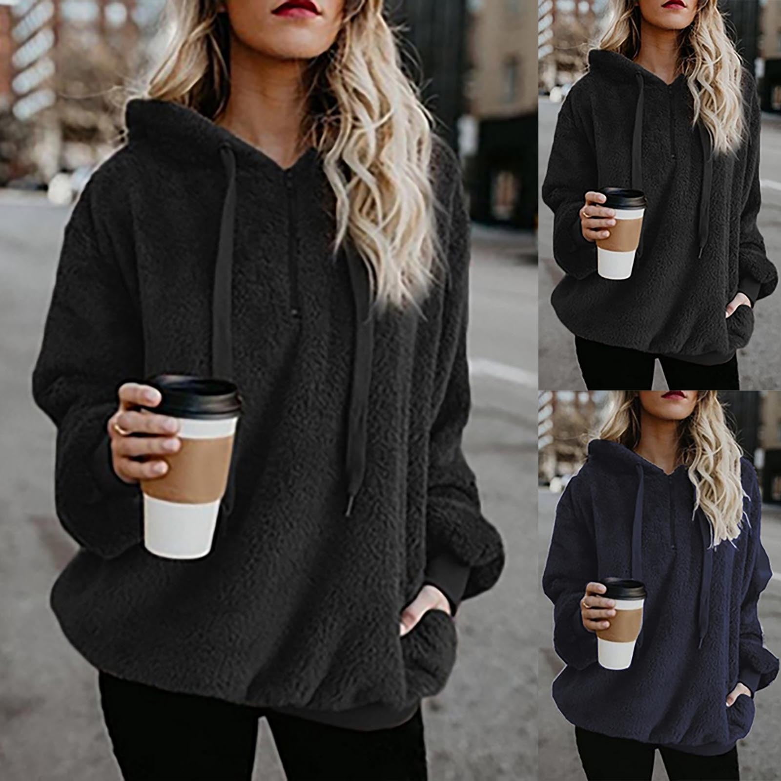 American Trends Oversized Sherpa Hoodie For Women | Fluffy Pullover With Pockets, 1/4 Zip, Dark Grey - View #4