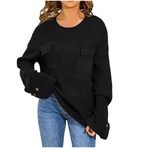 YUGYXL Womens Oversized Sweaters Chunky Ribbed Knit Crew Neck Casual Long Sleeve Fall Winter Trendy Pullover Tops Black M
