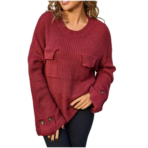 YUGYXL Womens Oversized Sweaters Chunky Ribbed Knit Crew Neck Casual Long Sleeve Fall Winter Trendy Pullover Tops Wine M
