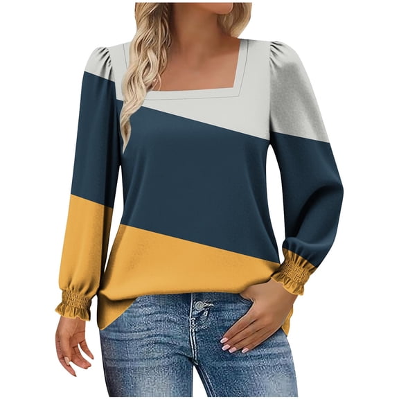 YUGYXL Womens Oversized Sweatshirt Casual Winter Daily Printed Square Collar Pullover Loose Long Sleeved Tops Navy S