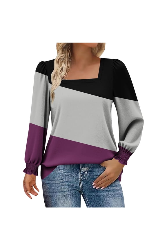Womens Oversized Sweatshirt Casual Winter Daily Printed Square Collar Pullover Loose Long Sleeved Tops Purple L