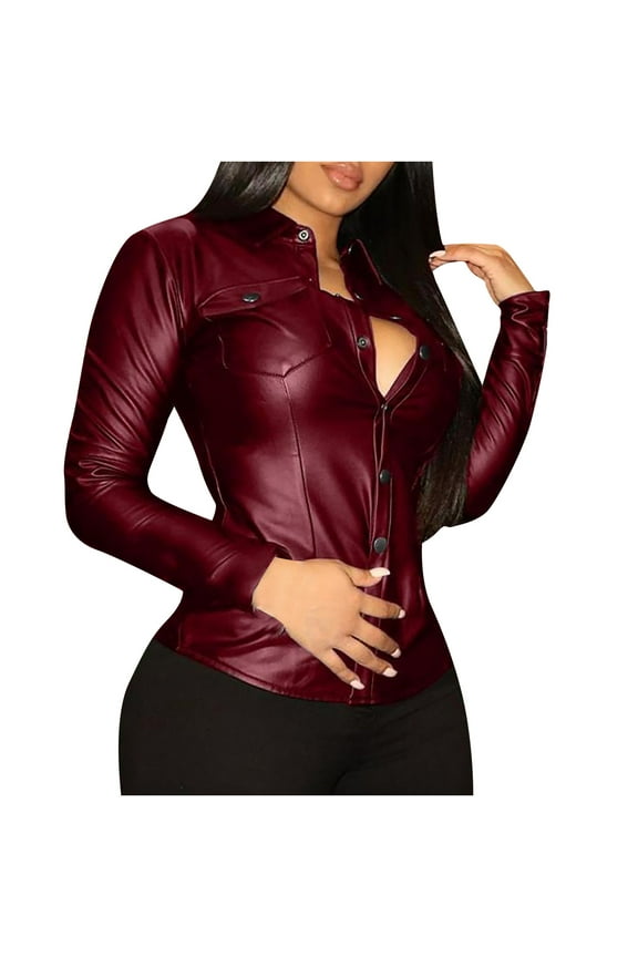 Womens PU Faux Leather Button Down Jacket Shirts Slim Fit Long Sleeve V Neck Blouses Tops with Pocket Wine XXL