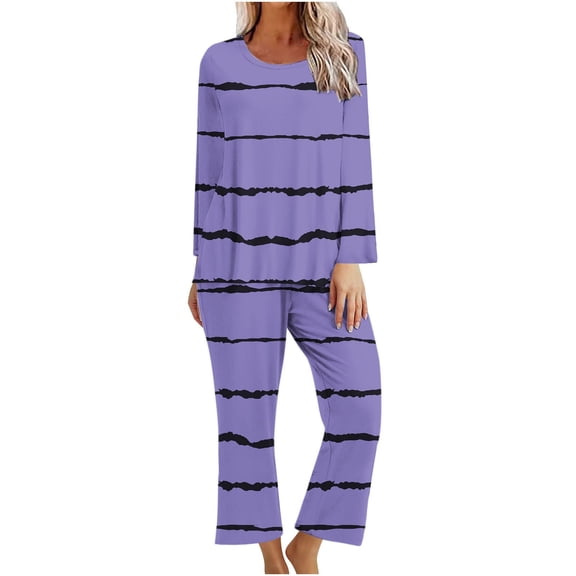 YUGYXL Womens Pajamas Sets Casual Striped Long Sleeve Crewneck Sleepwear Tops and Pjs Bottom Long Pants 2 Piece Lounge Sets Purple M