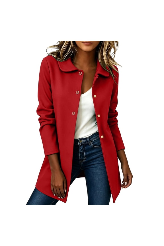 Womens Peter Pan Collar Trench Coat Fall Winter Overcoat Single Breasted Button Down Mid Length Coats Red Jackets XS