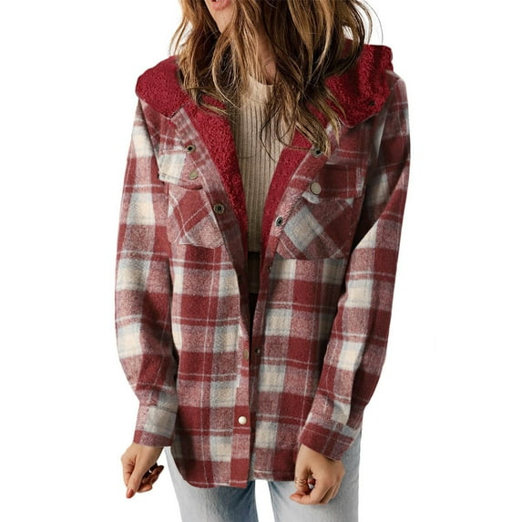 YUGYXL Womens Plaid Jacket Long Sleeve Button Down Fleece Hooded Jackets Warm Coat Red XL